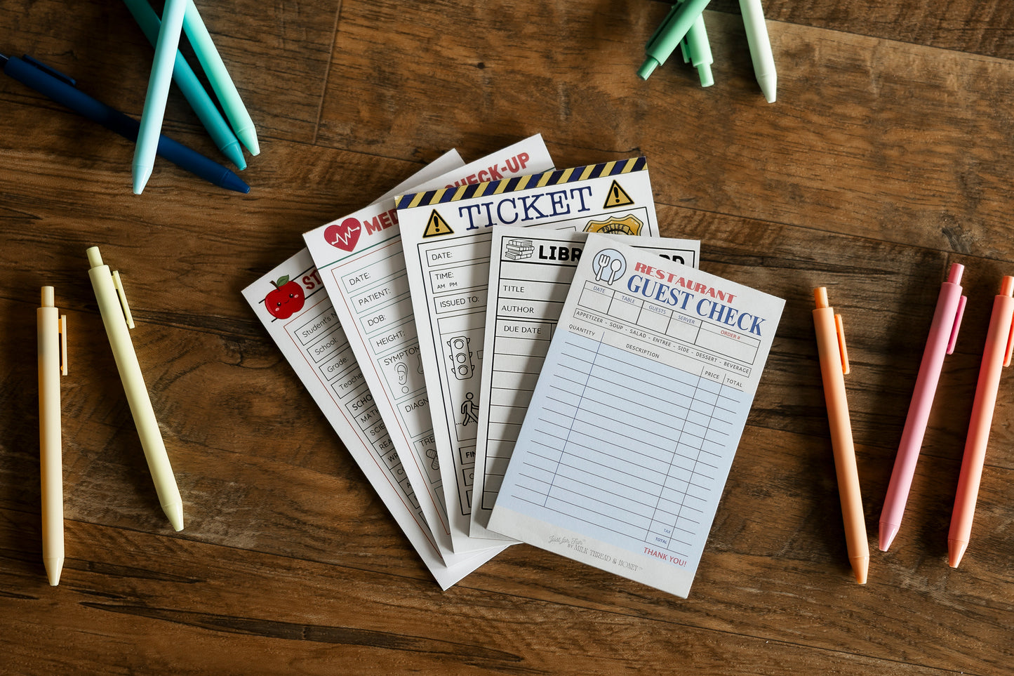 Doctor, Vet, Restaurant, Boarding Pass and Checks - Set of 8 Pretend Play Notepads