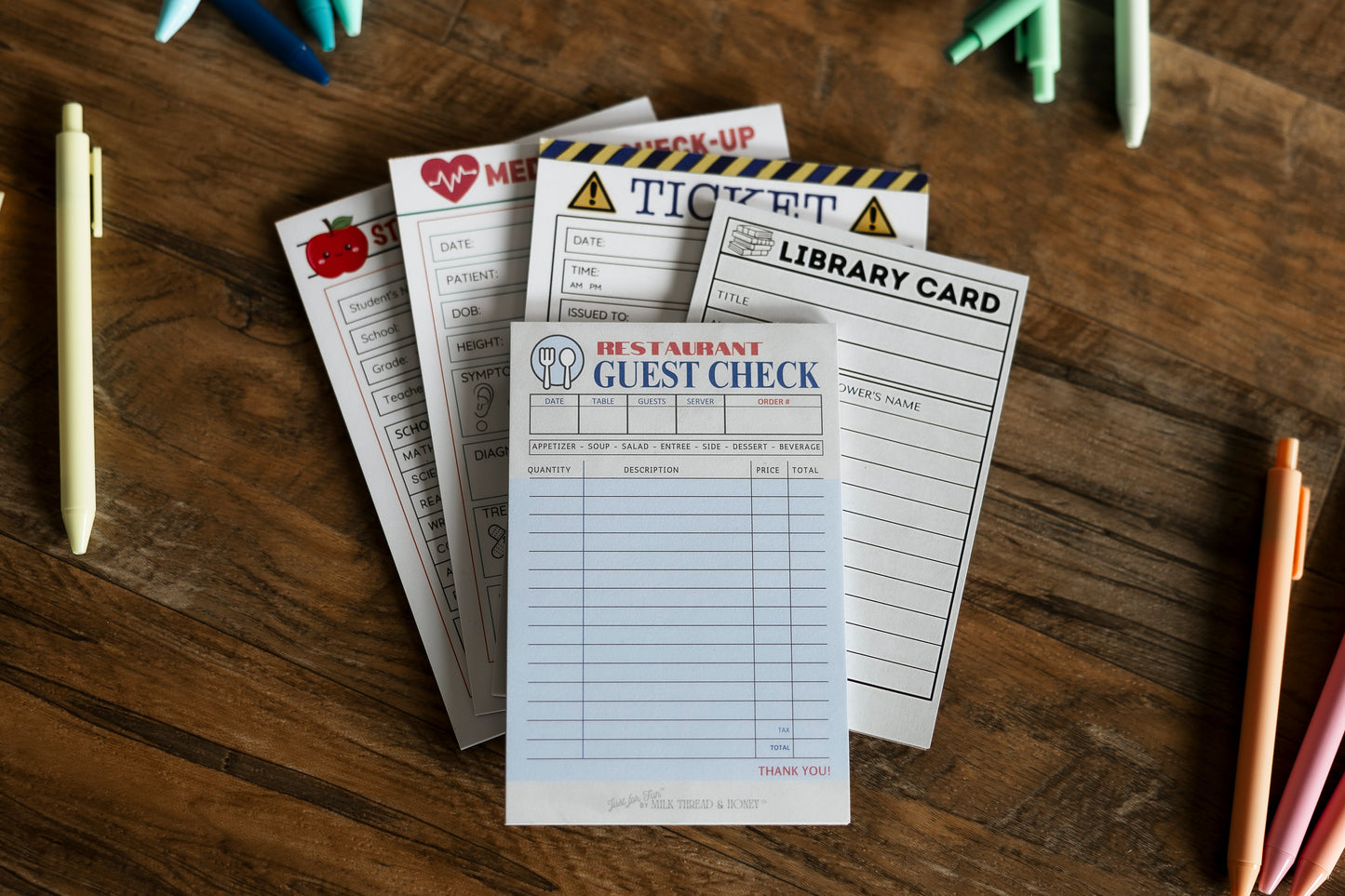 Doctor, Vet, Restaurant, Boarding Pass and Checks - Set of 8 Pretend Play Notepads