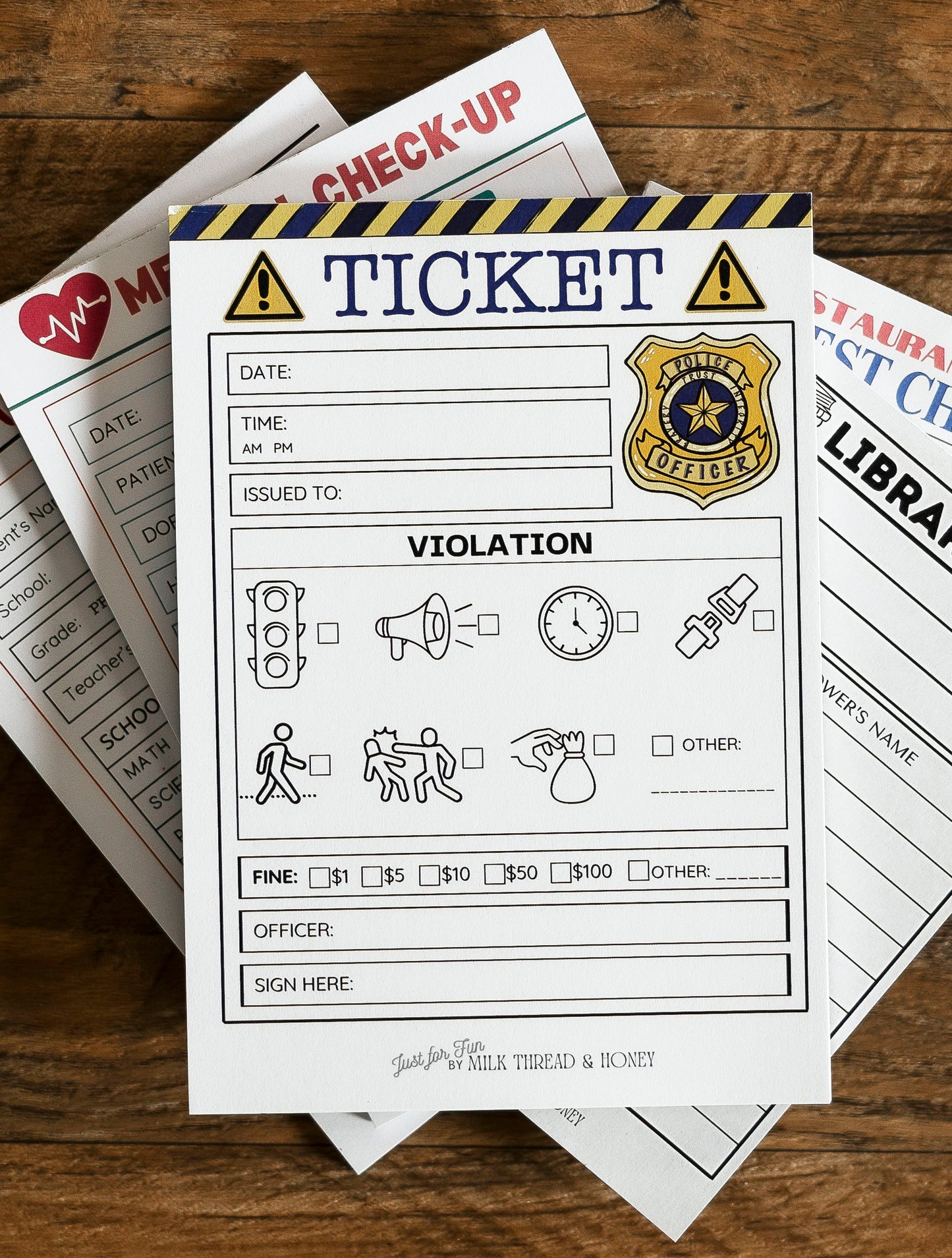Doctor, Vet, Restaurant, Boarding Pass and Checks - Set of 8 Pretend Play Notepads