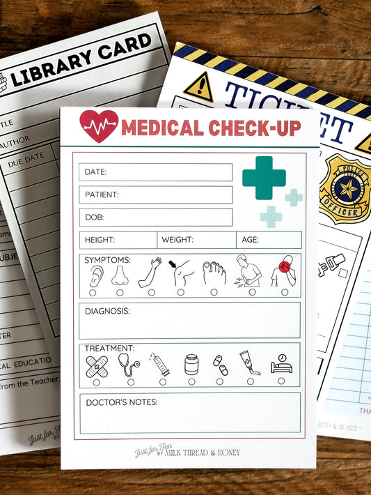 Doctor, Restaurant, Librarian, Police Officer and Teacher - Set of 5 Pretend Play Notepads