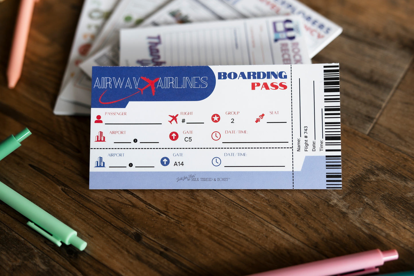 Daycare Log, Travel Agent, Boarding Pass, Travel Agent - Set of 5 Pretend Play Notepads
