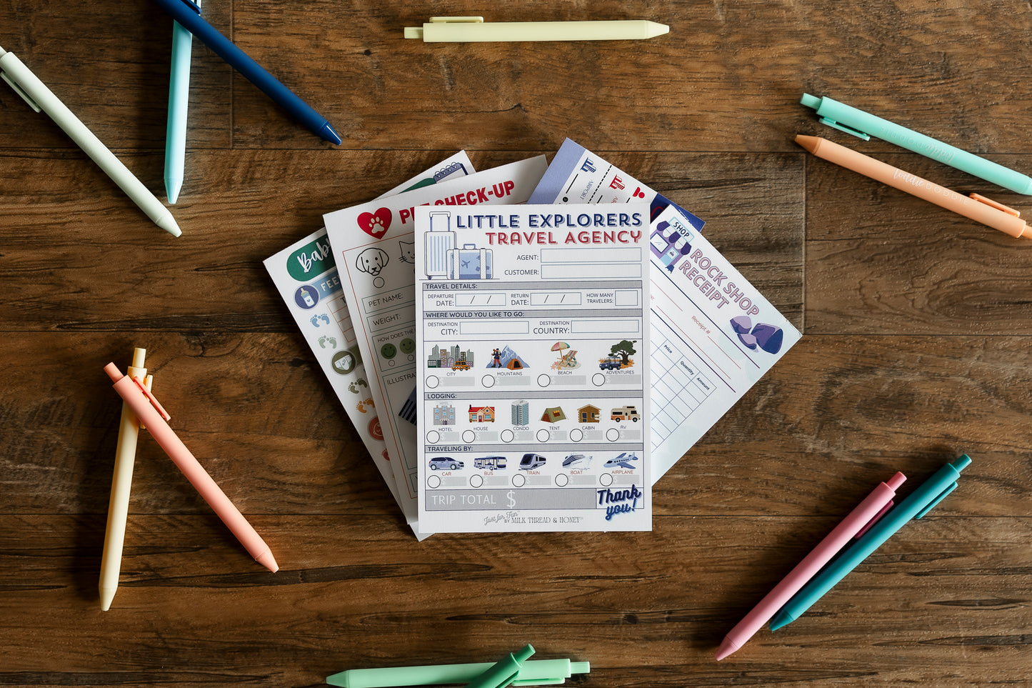 Daycare Log, Travel Agent, Boarding Pass, Travel Agent - Set of 5 Pretend Play Notepads