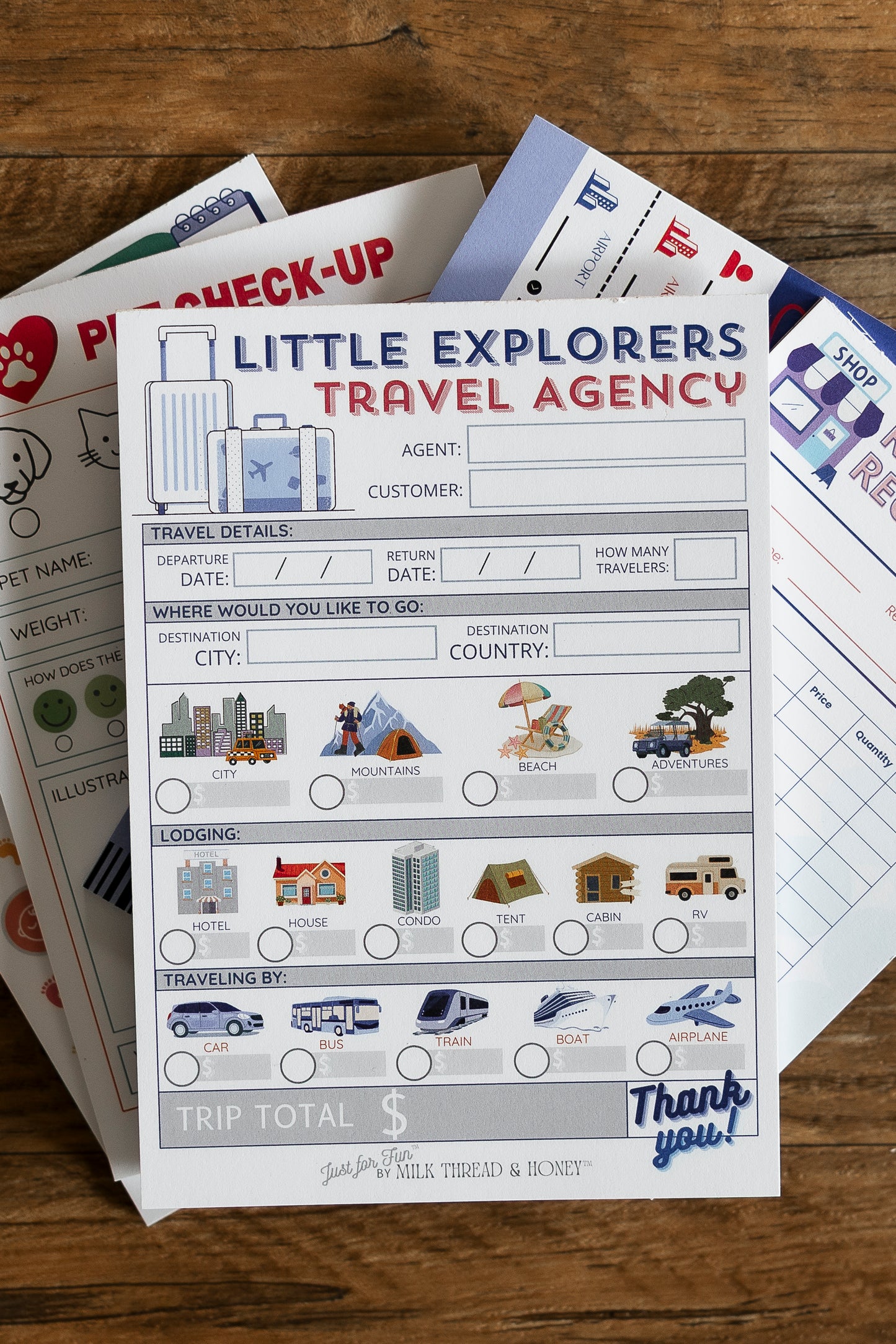Daycare Log, Travel Agent, Boarding Pass, Travel Agent - Set of 5 Pretend Play Notepads