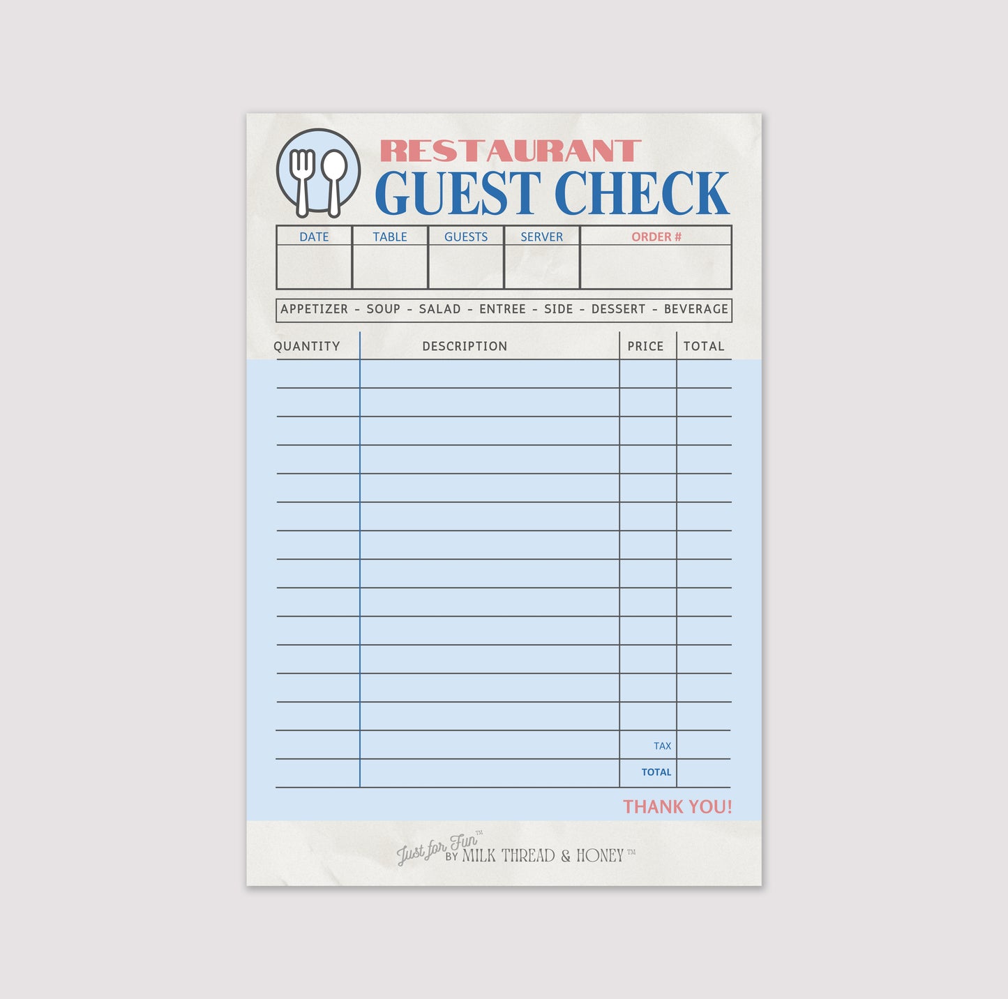 Pretend Play Restaurant Check Notepad