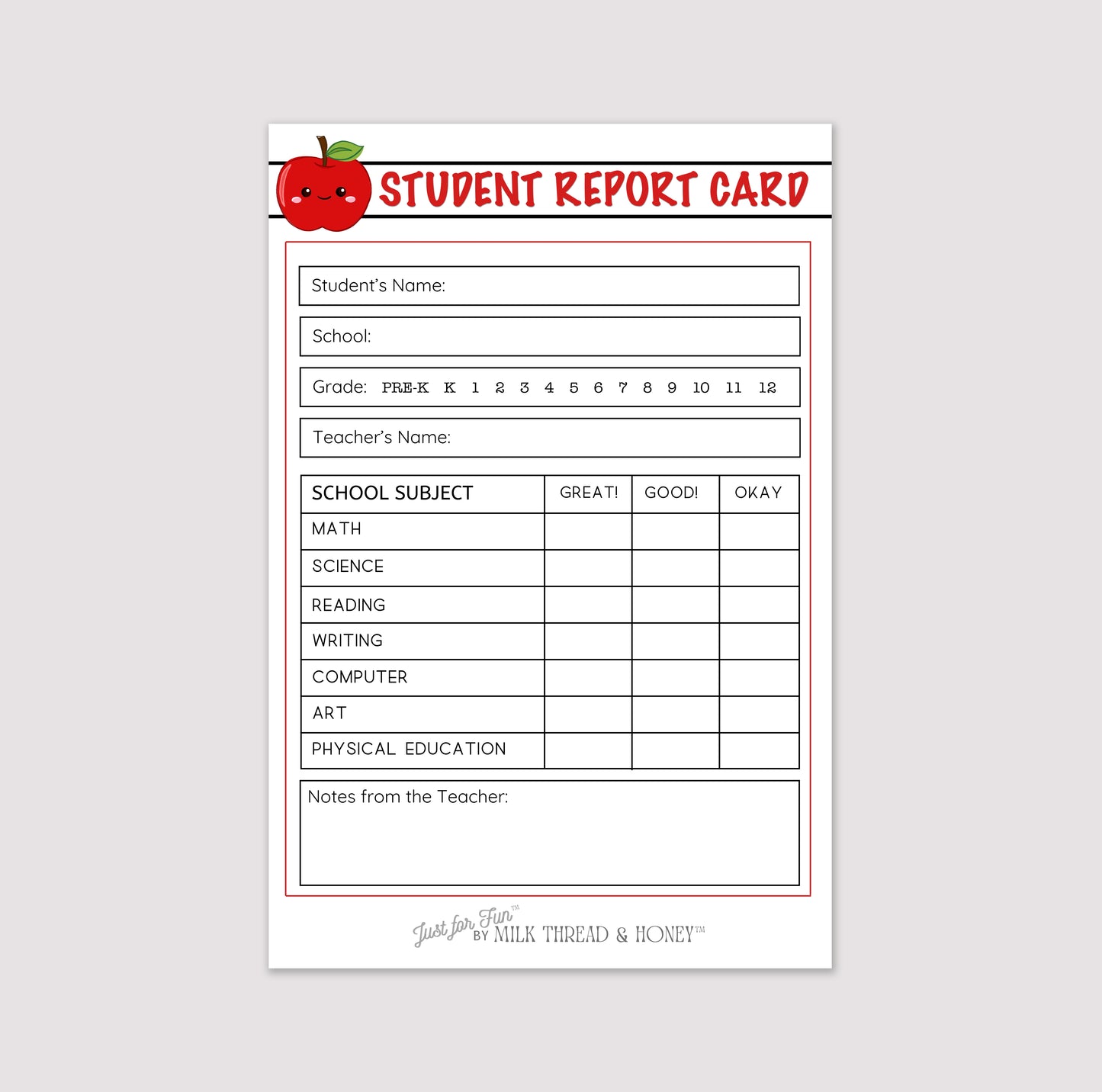 Pretend Play Teacher Report Card Notepad