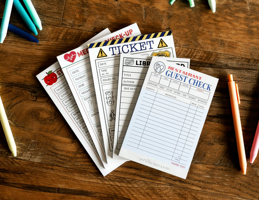 Doctor, Restaurant, Librarian, Police Officer and Teacher - Set of 5 Pretend Play Notepads