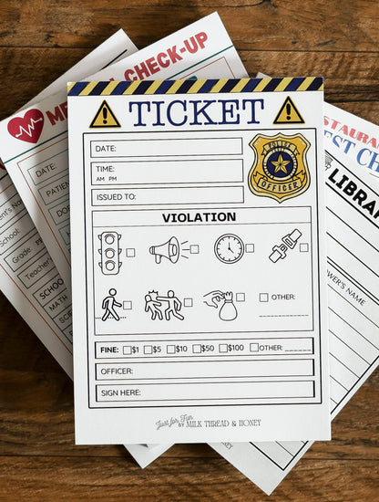 Doctor, Vet, Restaurant, Boarding Pass and Checks - Set of 8 Pretend Play Notepads
