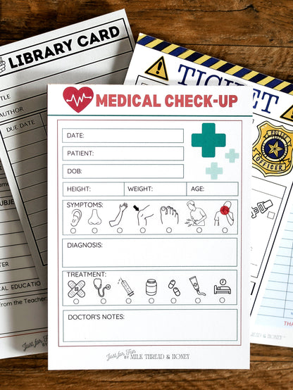 Doctor, Vet, Restaurant, Boarding Pass and Checks - Set of 8 Pretend Play Notepads