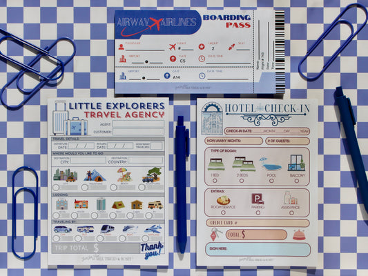 Boarding Pass, Hotel Check-In & Travel Agent Set - Pretend Play Notepads for Kids