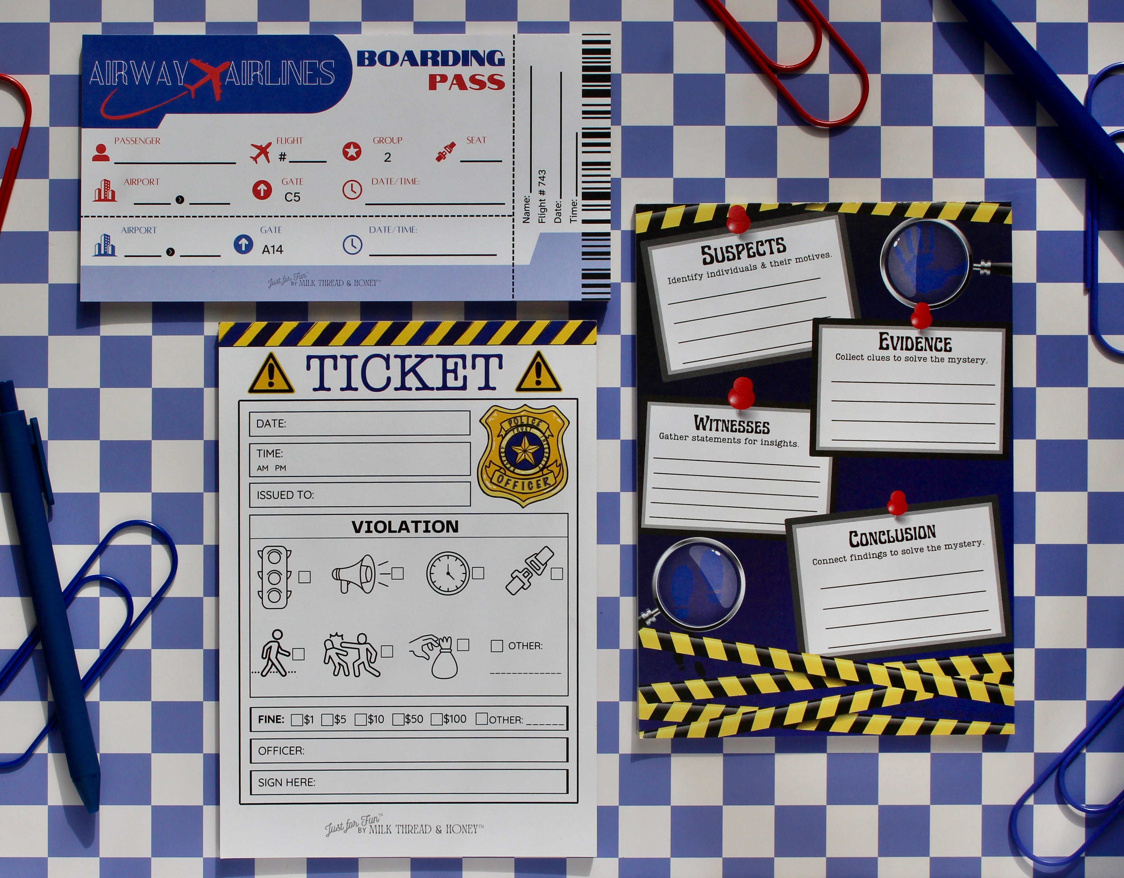 Police Ticket, Spy Detective & Boarding Pass Set - Pretend Play Notepa ...