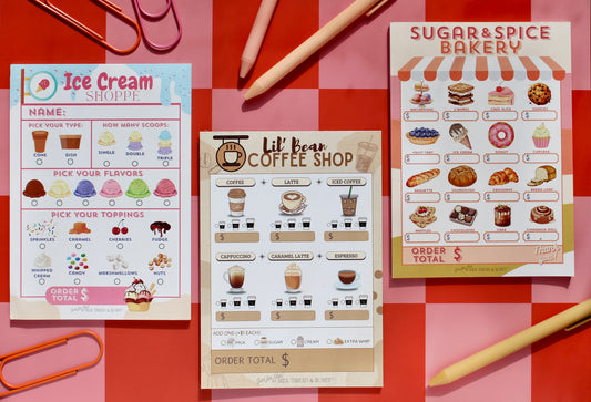 Bakery, Coffee Shop & Ice Cream Order Set - Pretend Play Notepads for Kids