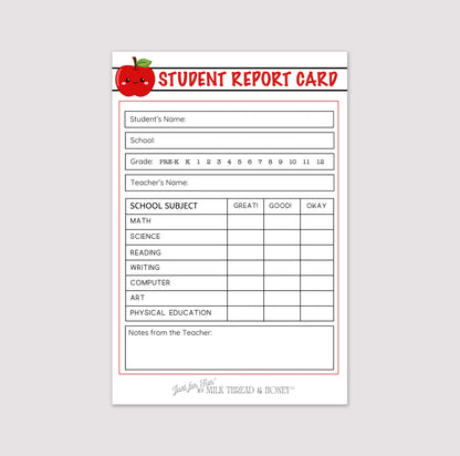 Pretend Play Teacher Report Card Notepad