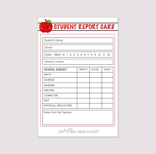 Pretend Play Teacher Report Card Notepad